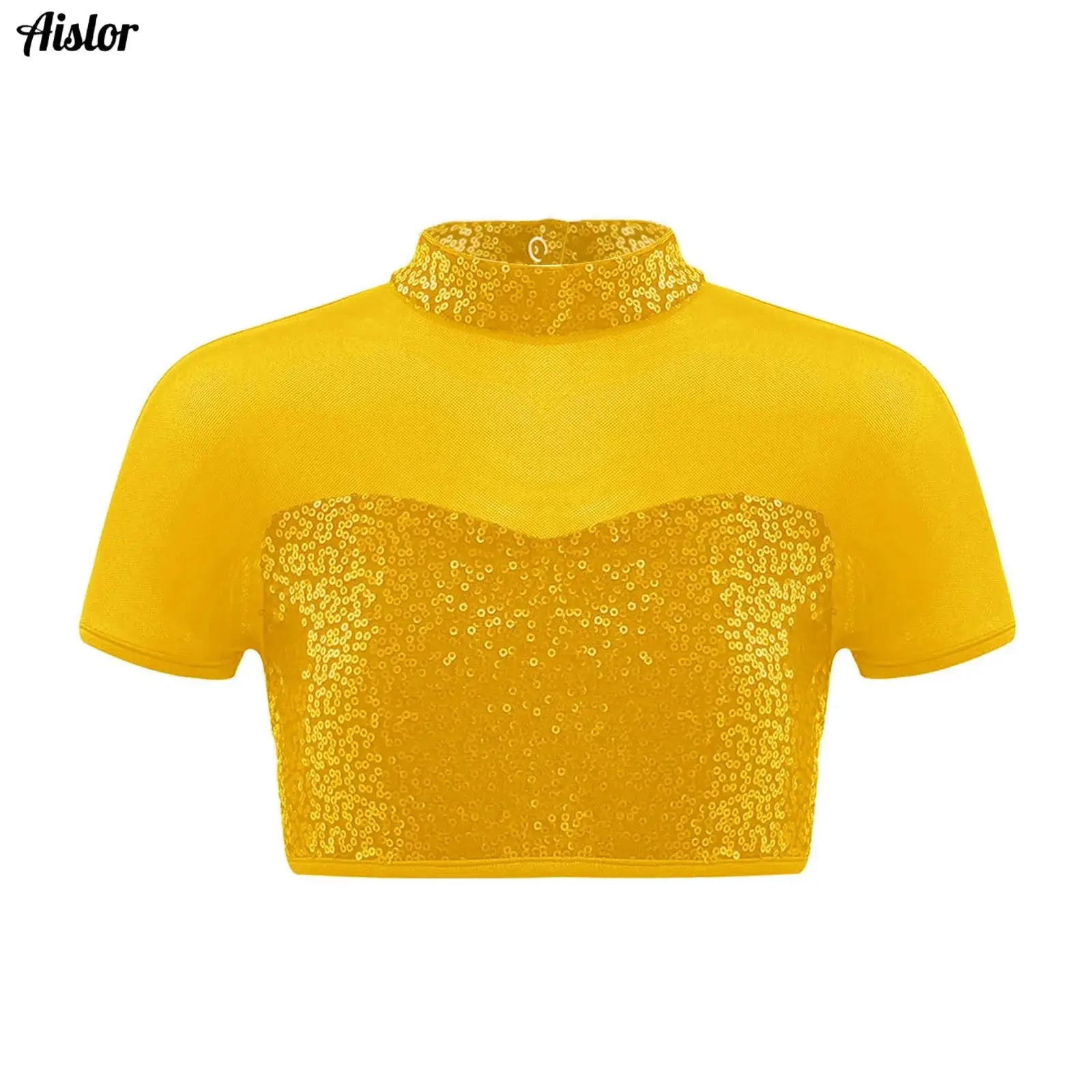 

Kids Girls Shiny Sequins Jazz Dance Tops Mock Neck Short Sleeve Mesh Crop Top Shirt+Skirt Hip hop Cheerleading Dance Costume