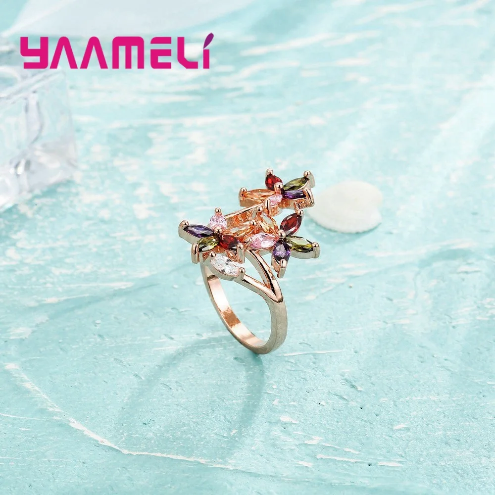 New Arrival 3 Colorful Cubic Zirconia Stone Flowers Finger Rings For Women Ladies Rose   Gold Color Jewelry Crystal Gift