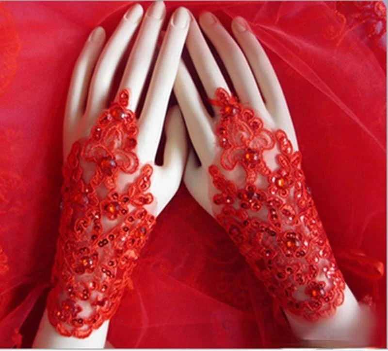 

New Arrival Cheap In Stock Lace Appliques Beads Fingerless Wrist Length With Ribbon Bridal Gloves Wedding Accessories