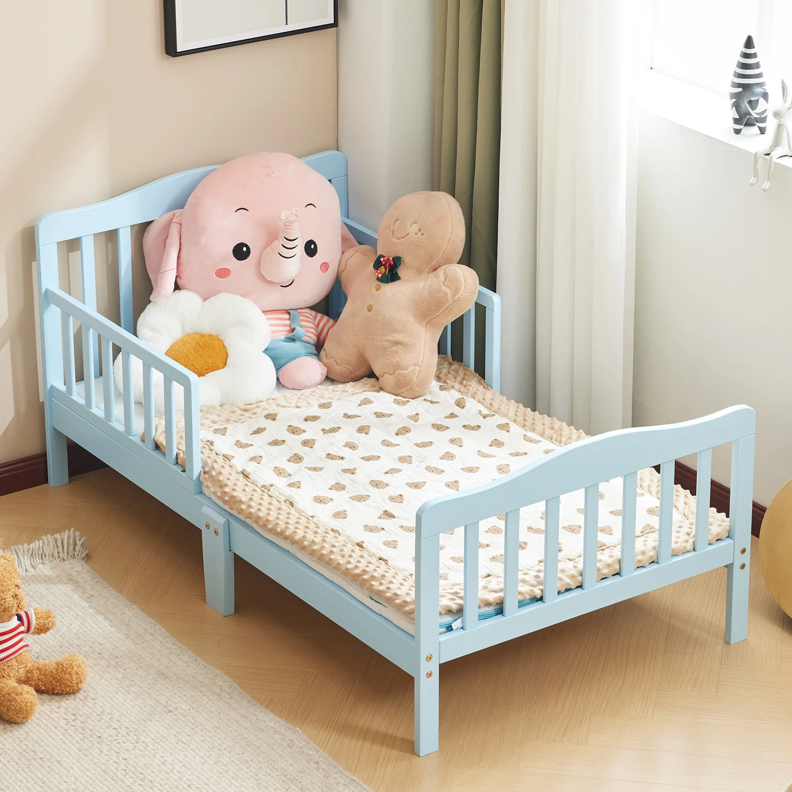 Single Vertical Board with Guardrails on Both Sides Blue 135*75*62.5cm Wooden Bed Pine Children