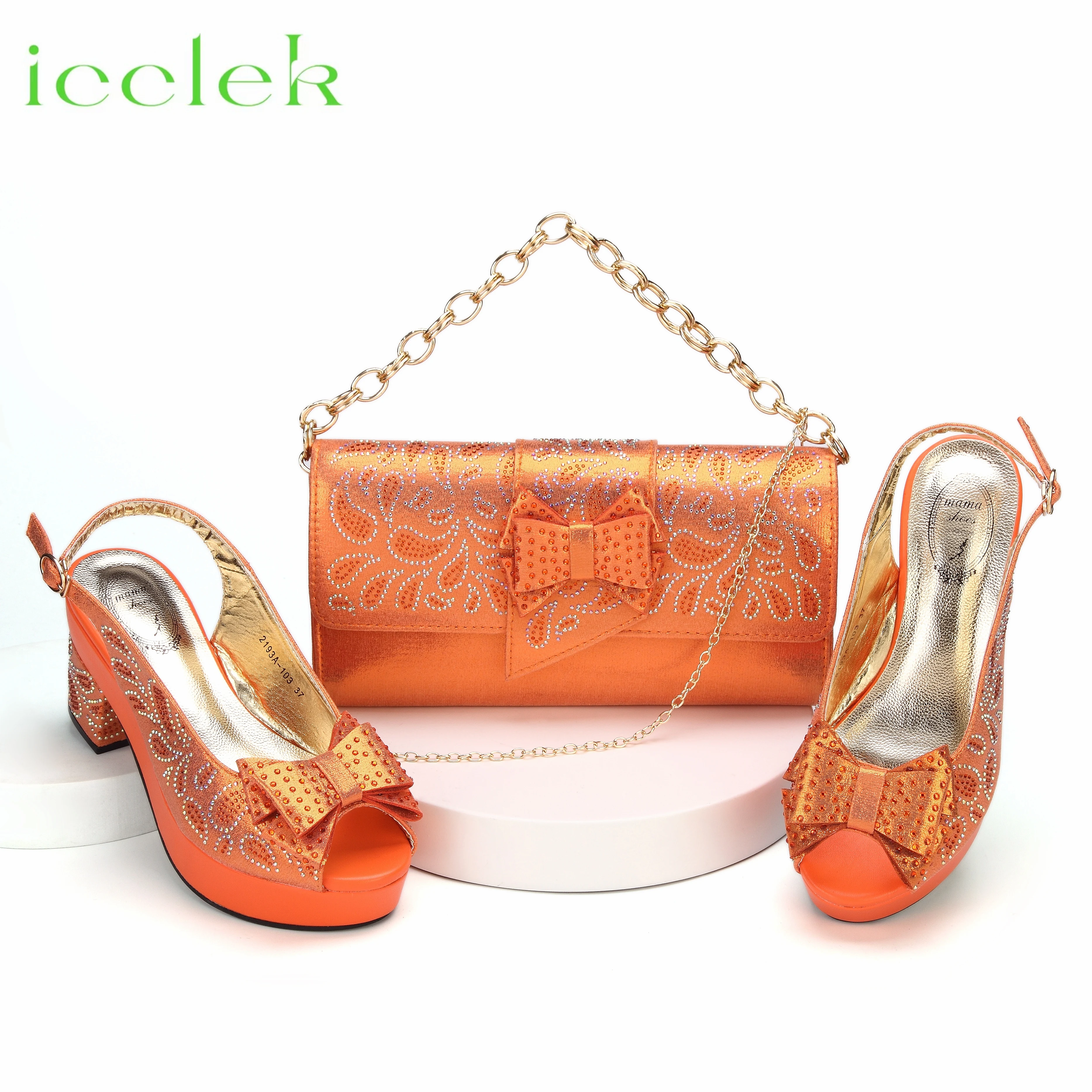 

Orange Color New Coming Peep Toe Mature Style Ladies Sandals Shoes Matching Bag Set For Women Dress Party Pump