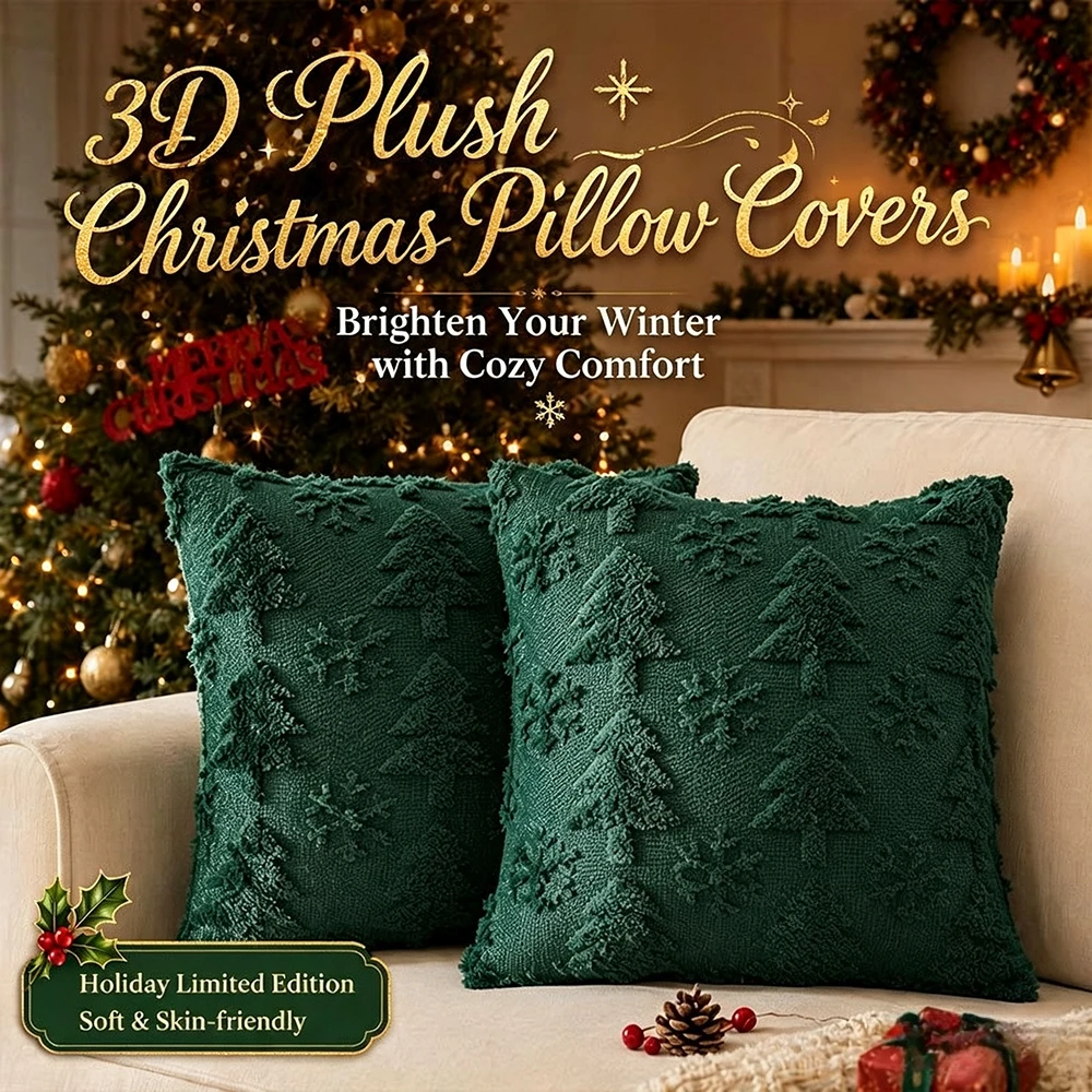 Christmas Green 3D Tufted Throw Pillow Covers, 45cm Soft Plush Decorative Cushion Cases, Winter Holiday Home Sofa Couch Decor