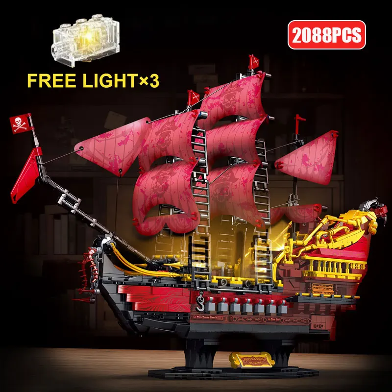 

2088pcs Pirates Of Queen Anne Revenge Warship Building Blocks Boat Bricks Lighting MOC Assembly Toys For Kids Birthday Gifts