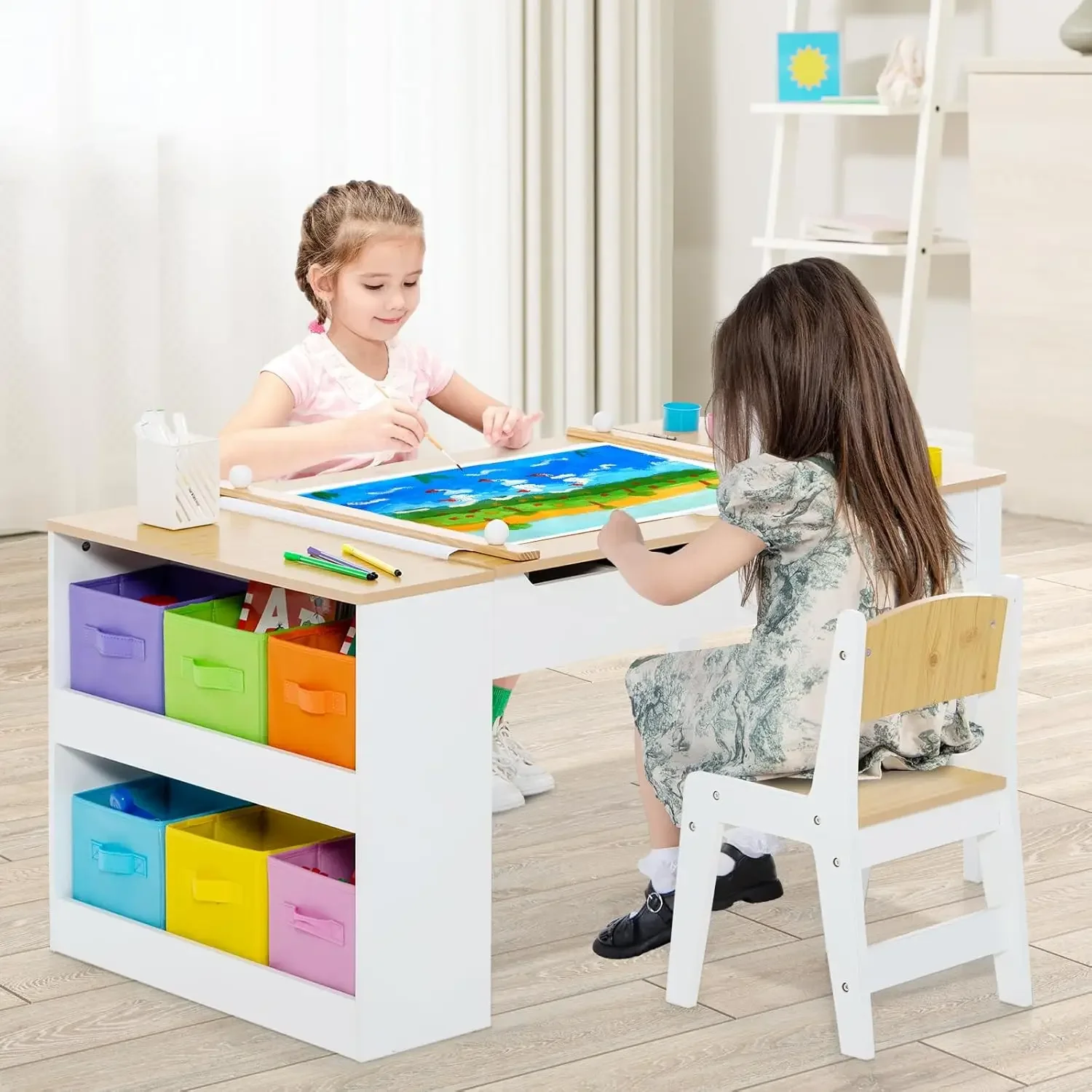 INFANS-Art Mesa e Cadeira Set for Kids, Toddler Craft, Play Wood Activity Desk, 2 Cadeiras Armazenamento Canvas Bins, Rolo de papel, 3 em 1