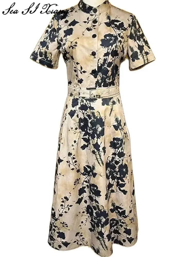 

Seasixiang Fashion Designer Spring Summer Cotton Dress Women's Stand Collar Short Sleeve Ink wash Flower Print Office Lady Dress