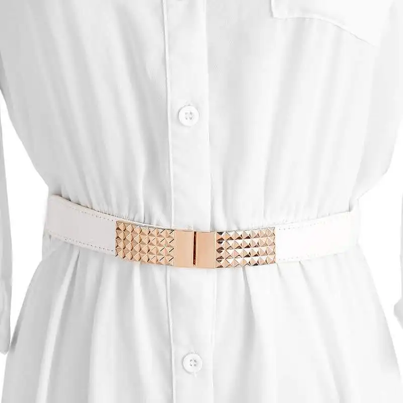 Cinturilla elástica para mujer, Simple y versátil, sello de cintura blanco y marrón para falda de vestido, fajas finas de Metal con lentejuelas