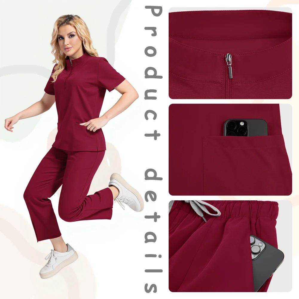 Venta al por mayor, uniforme médico de moda de alta calidad, pantalones superiores para enfermeras, cuello levantado elástico, uniformes quirúrgicos para enfermera y Doctor para mujer