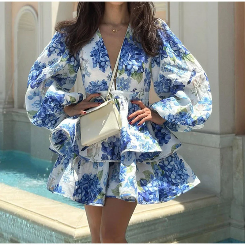 

High Street Printed Long Sleeved V-neck Women's Dress 2024 Summer Versatile High Waist Ruffled Short Skirt Bohemian Midi Dress