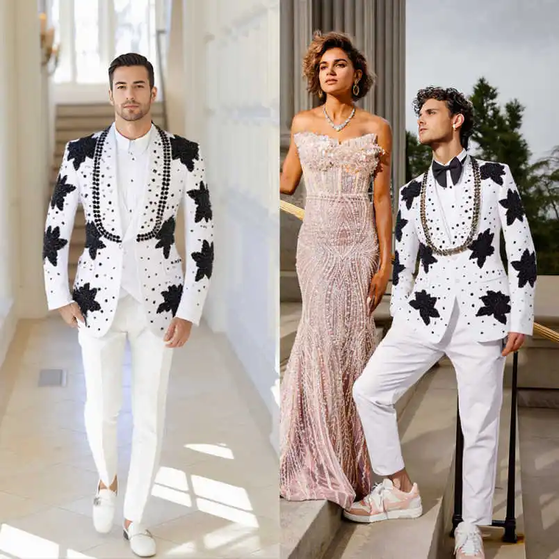 

Fashion Men's Suits 2 Pieces Blazer Pants Appliques Rhinestones Slim Fit Wedding Groom Tuxedo Business Dinner Prom Customized