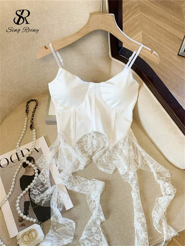 

SINGREINY Summer Irregular Sexy Camisole French Style Sleeveless Sheath Camis 2025 Women Lace Spliced Solid Streetwear Camis