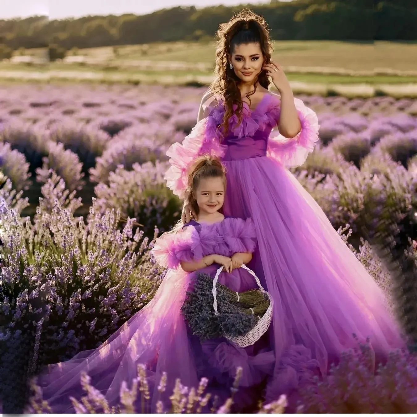 

Purple Tulle Mommy and Me Matching Dress Extra Puffy Long Dress Family Photoshoot Mother and Daughter Girl Birthday Party Gown