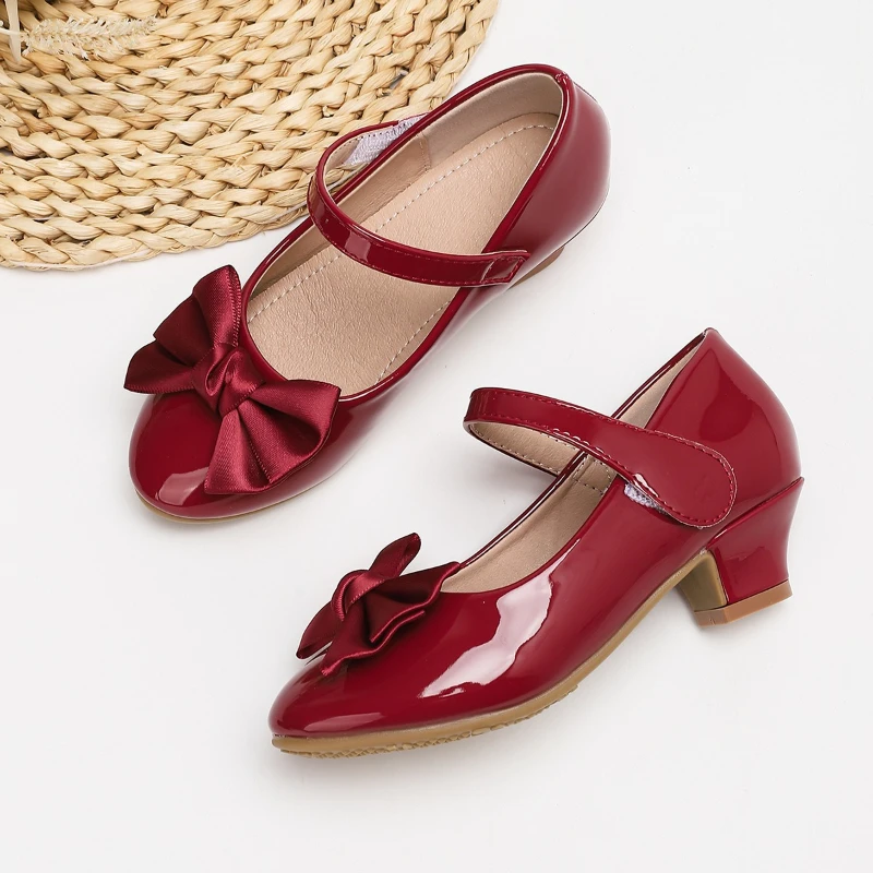 Fashion Kids Leather Shoes Non-slip Catwalk Girls Princess Causal High Heel Shoes Wine Red Bowknot Children Wedding Party Shoes