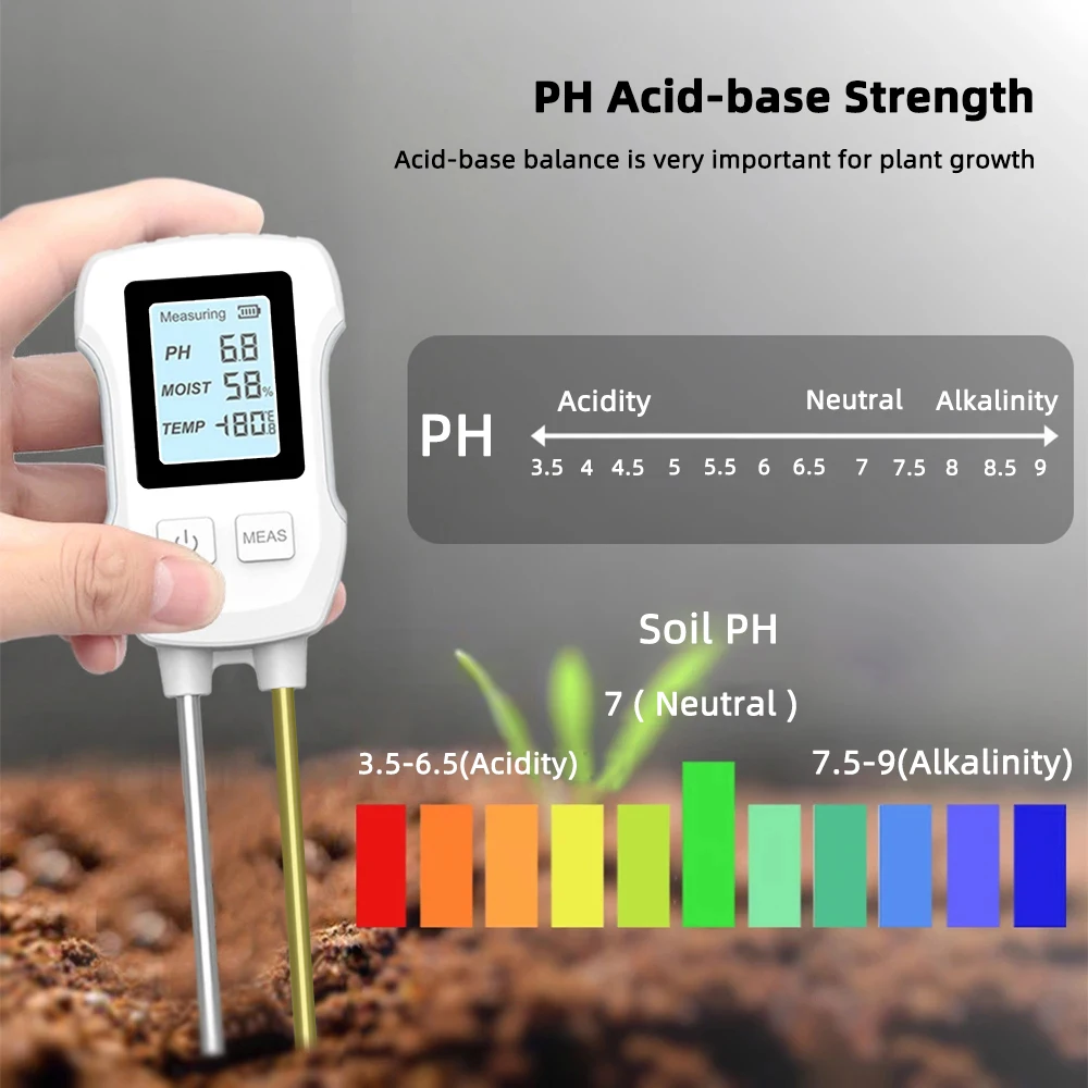 Probador de suelo LCD Digital PH/humedad/temperatura 3,0-9 medidor de pH Sensor de Metal resistente al calor Monitor de humedad para jardinería de