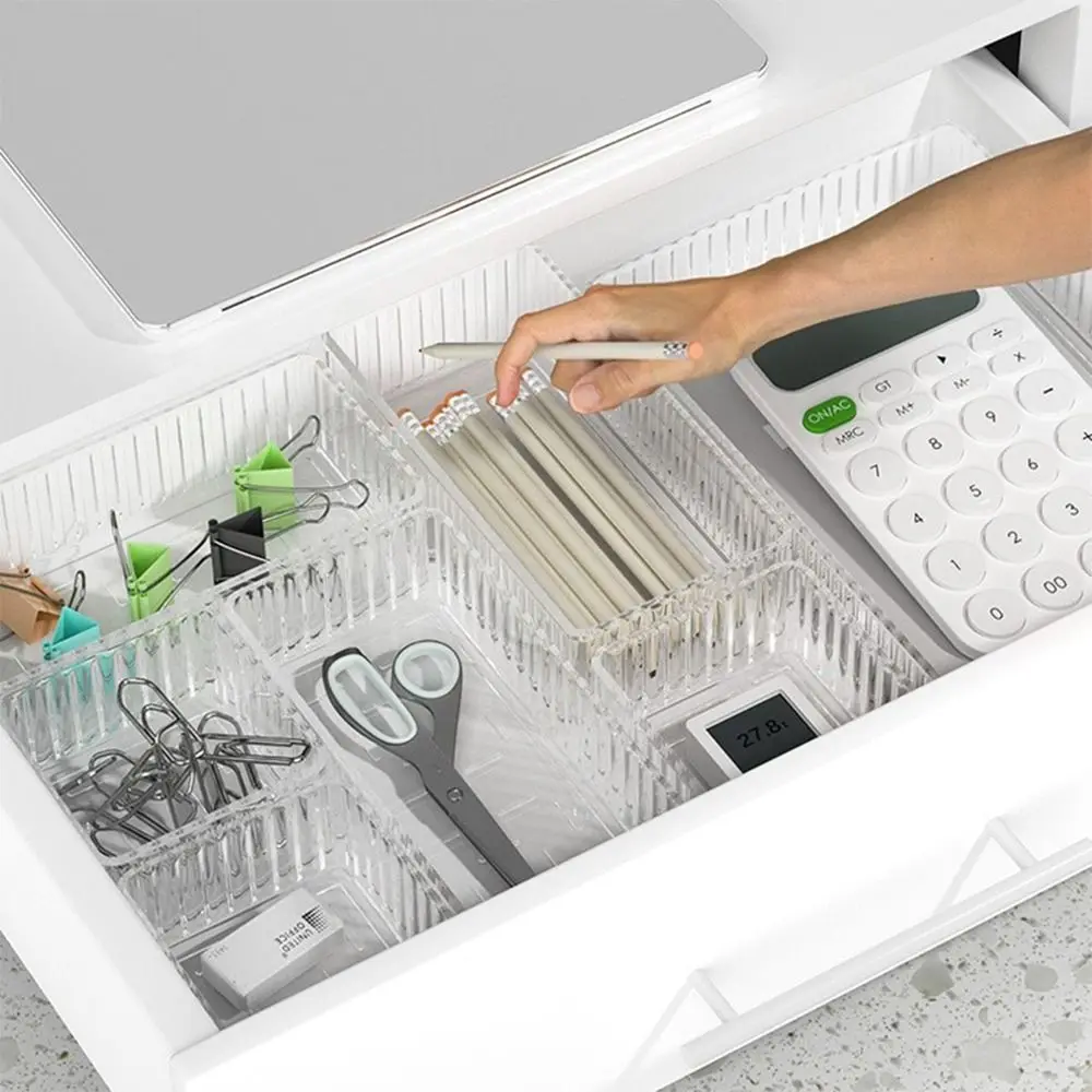 S/M/L/XL منظمات درج المكتب حاوية قرطاسية مستطيلة بلاستيكية شفافة صندوق تخزين غير محدود للمكتب المنزلي