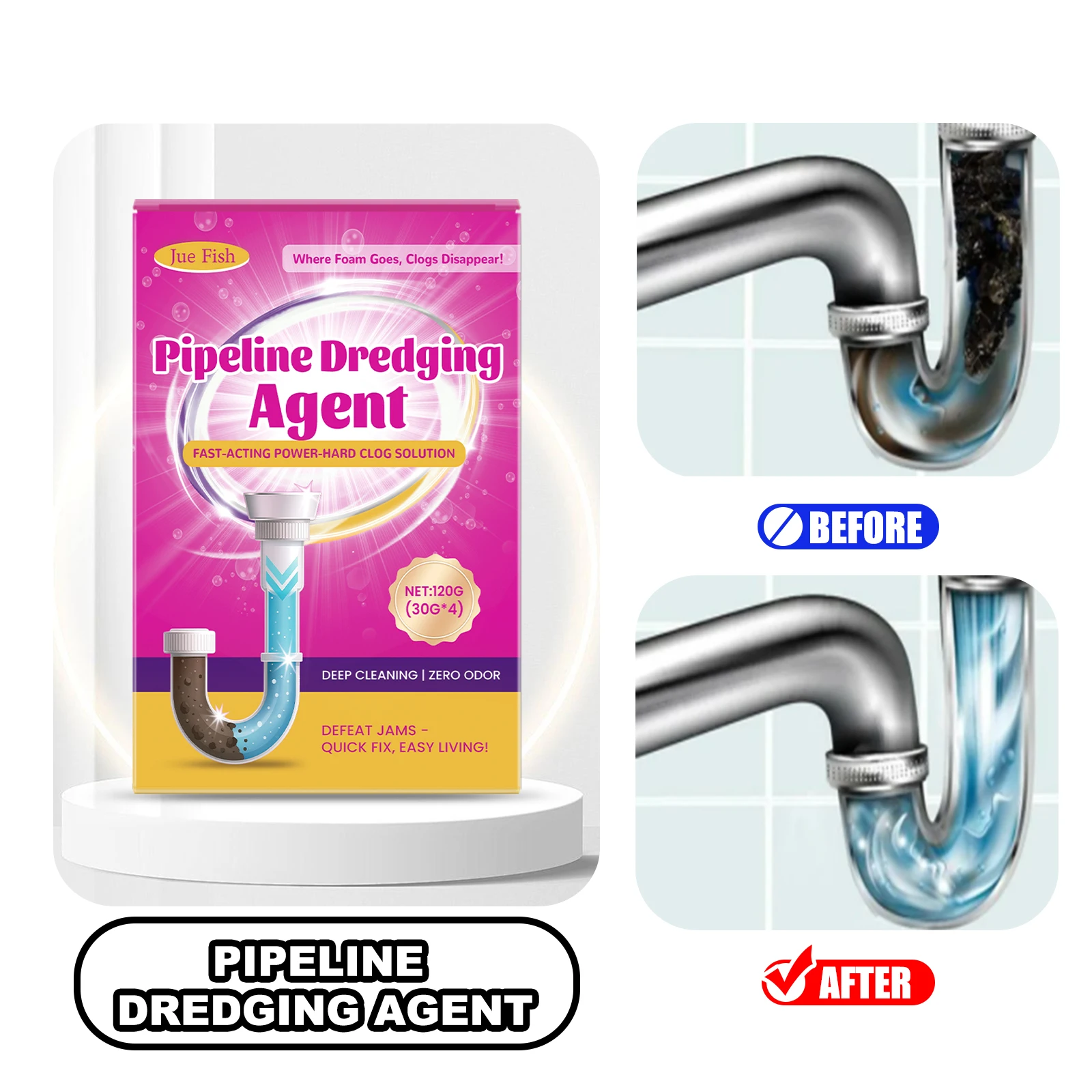 

JUE FISH Pipeline Dredging Agent 4Pcs/Box Sink Drain Cleaner Powder for Kitchen Toilet Pipe Dissolve Grease Soap Scum Hair Paper