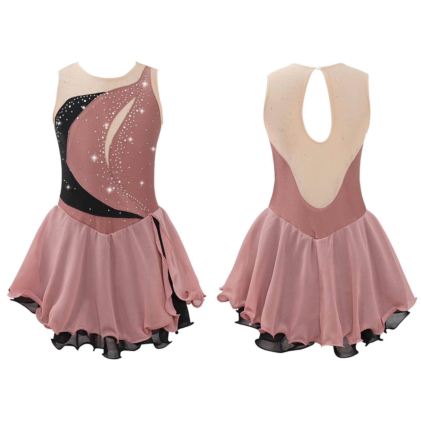 Kinderen Meisjes Kunstschaatsen Jurk Lyrische Dans Ballet Gymnastiek Kostuum Mouwloos Glanzend Strass Sheer Mesh Turnpakje Tutu