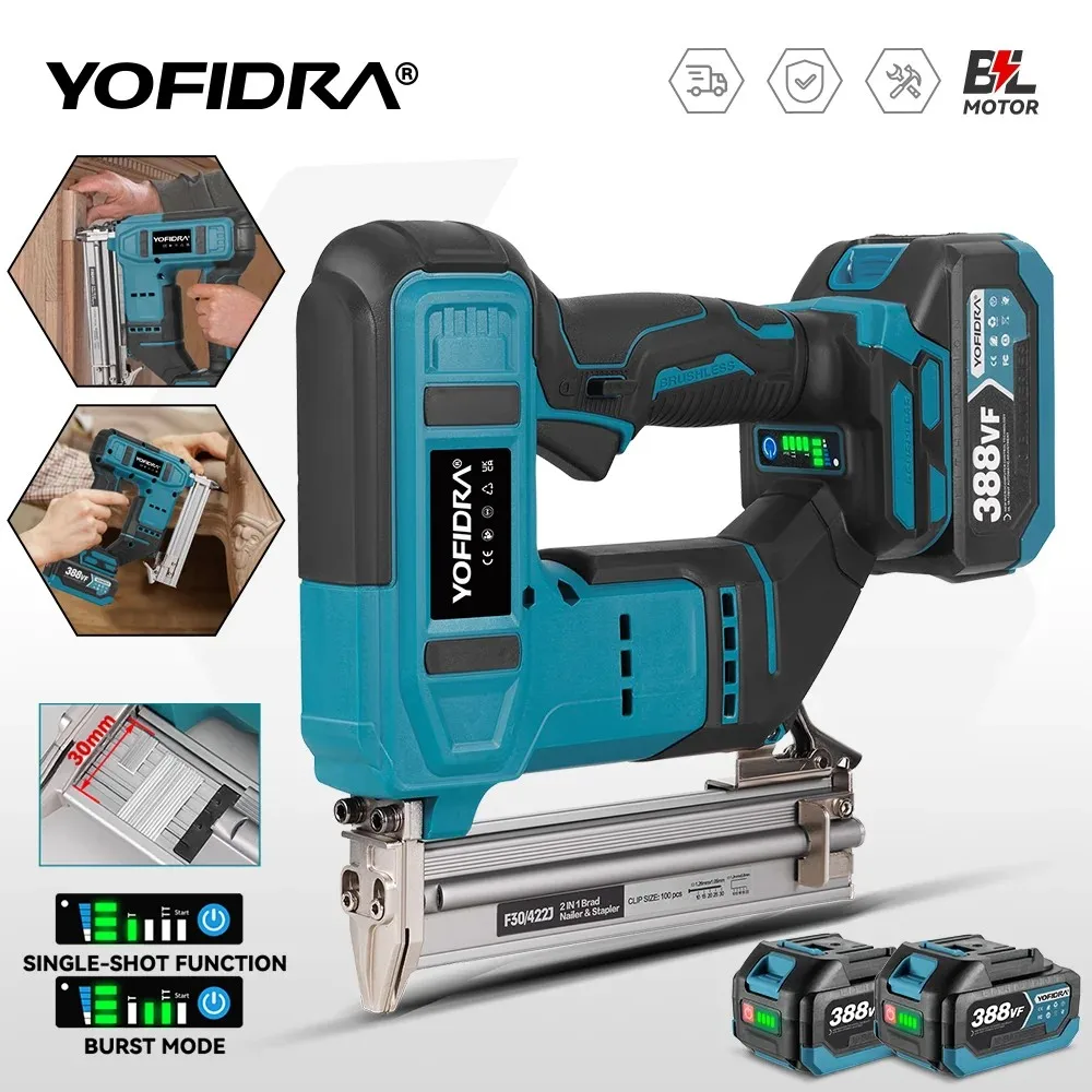 YOFIDRA 30mm pistolet à ongles électrique sans brosse 2in1 cloueur/graveur pistolet sans fil encadrement cloueur outil de réglage pour Makita 18V broches de batterie