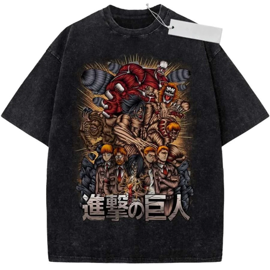 Unisex-T-Shirt in verwaschenem Schwarz im Vintage-Stil, Attack on Titan Giant Human, hochwertiger Stoff für Zuhause, Freizeit, Reisen, Einkaufen