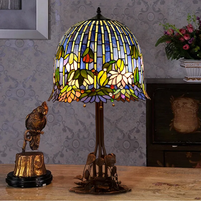 16 بوصة زنبق الماء طويل القامة قاعدة اللوتس تيفاني زجاج مكتب مصباح غرفة المعيشة غرفة نوم السرير