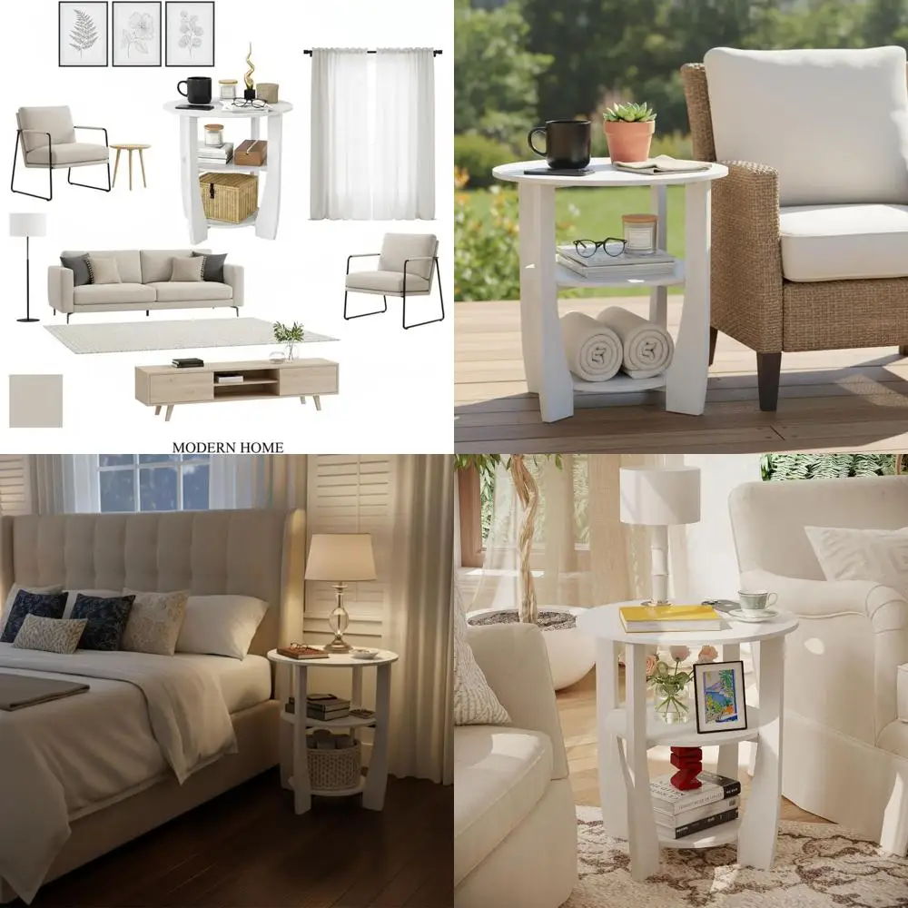 

Трехуровневый белый круглый приставной столик с местом для хранения, в современном фермерском стиле, идеально подходит для спальни, гостиной и небольших помещений, диаметр 19,7 дюйма.