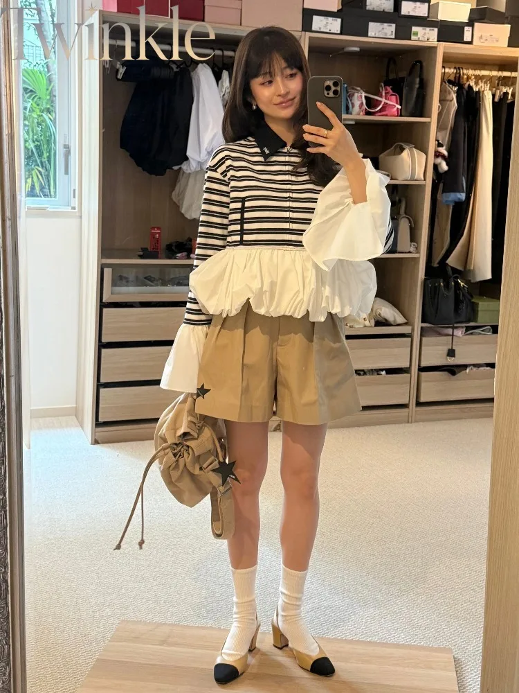 Women Patchwork Balloon Hem Shirt Turn Down Collar Blouse Top Fashion Streetwear
