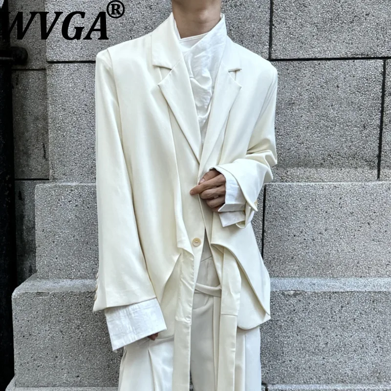 

WVGA Autumn Winter New Men Tide Fake Two Pieces Lace-Up Trendy Turn-Down Collar Blazer Niche Chic Casual Suit Jackets Ins W15548