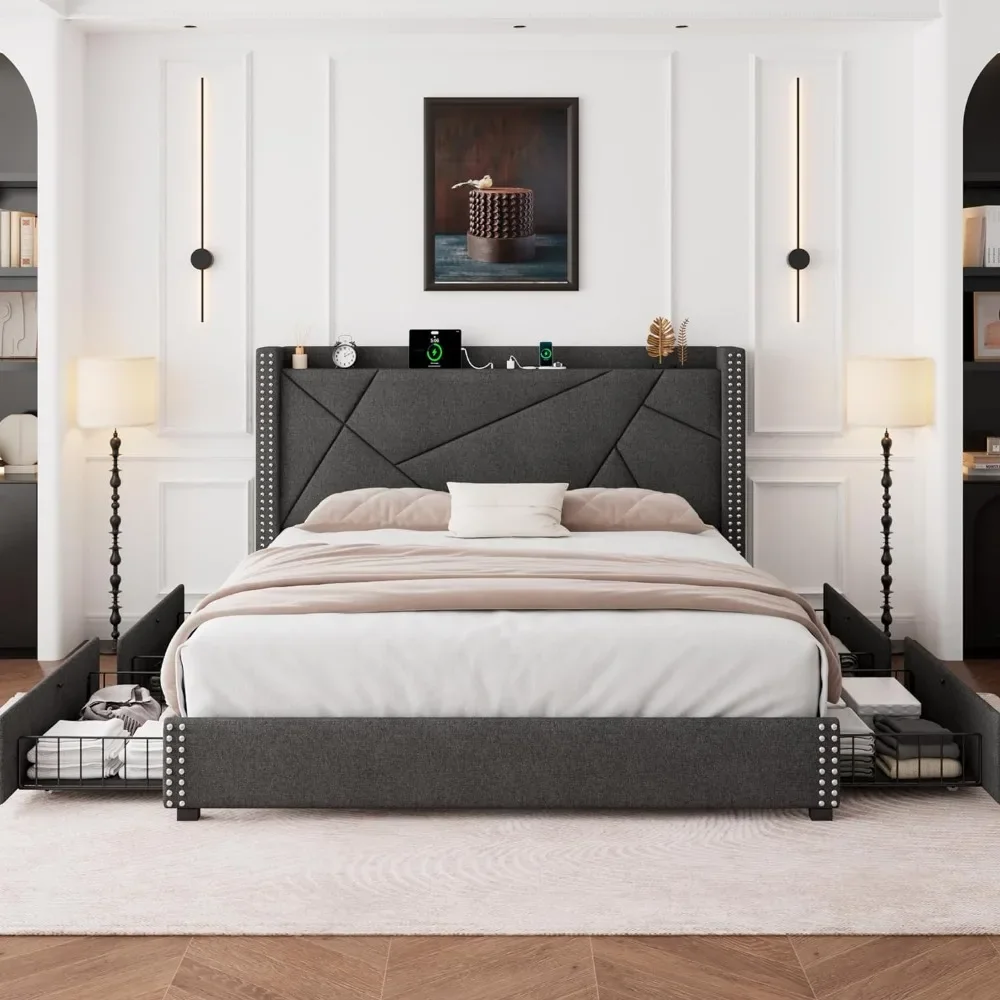 Queen Bed Frame with 4 Storage Drawers, Upholstered Platform Bed Frame with Charging Station & Wingback Shelf, LM