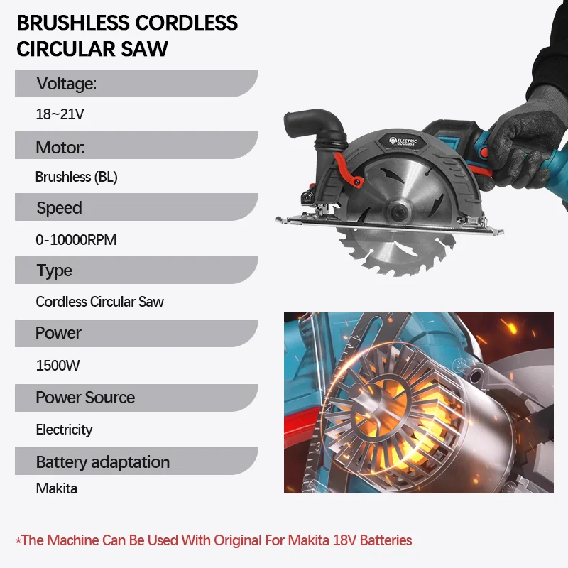 Electric Goddess 6.5in Brushless Electric Circular Saw Cordless 10000rpm Handheld Woodwork Cutting For Makita 18V Battery ﻿﻿Pin