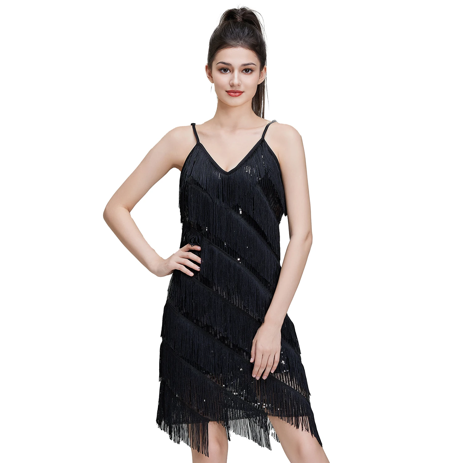 Latin Dance Dress Women's V-neck Sequined Tassels Suspender Sexy Solid Color Charming Rumba Cha cha Tango Samba Dancewear Skirt