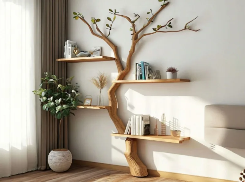 Beautiful handmade log bookshelf, modern style, floating solid wood bookshelf, wall-mounted