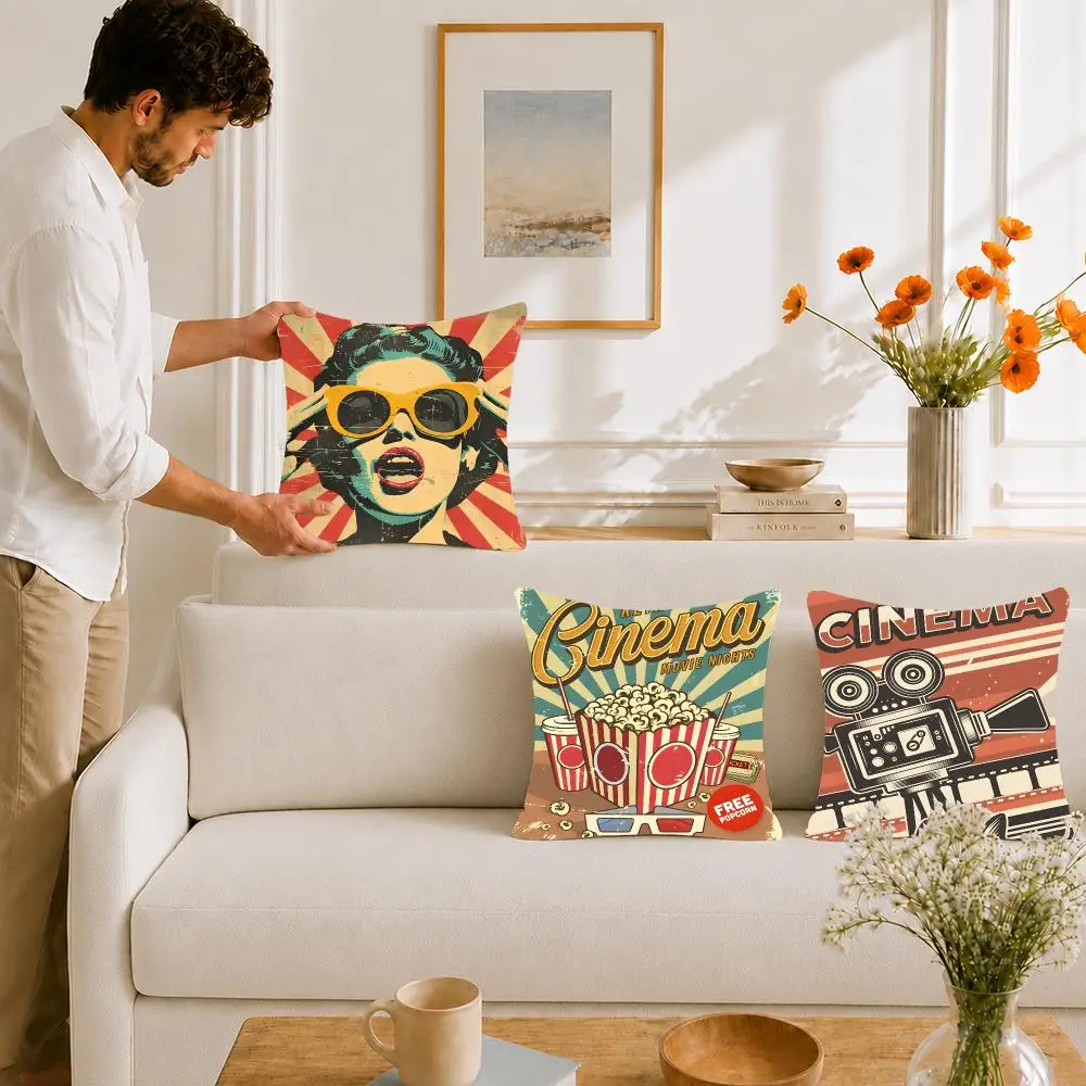 Art Poster Retro Cinema Cushion Cover Portable floor cushion for travel Yoga Minimalist text 2way tricot