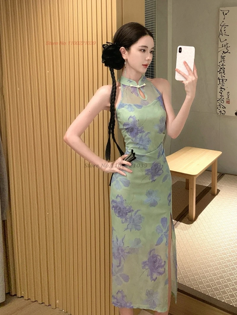 

2026 chinese improved cheongsam sexy qipao traditional flower print sleeveless qipao retro nightclub evening banquet dress qipao