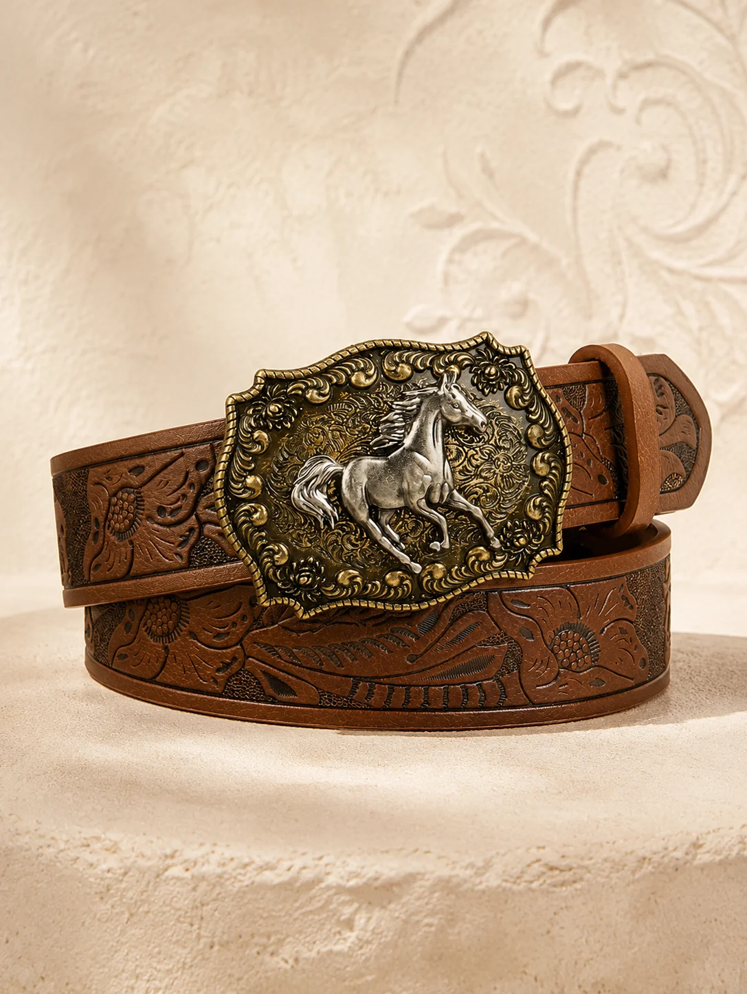 1pc Women Brown Western Belt PU Leather Cowgirl Waist Belt With Horse Buckle For Jeans Dress