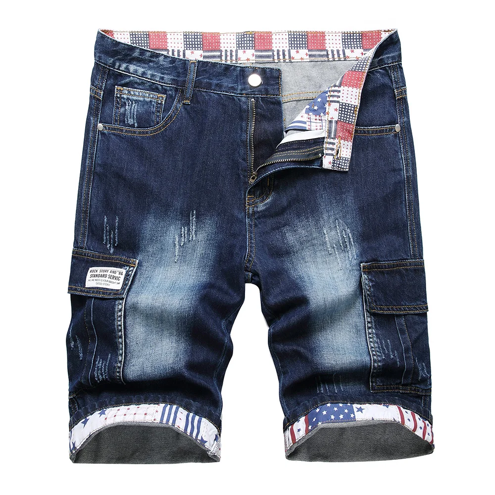 남성용 멀티 포켓 카고 데님 반바지, 미국 국기 별 줄무늬 롤업 밑단 청바지, 플러스 사이즈 큰 무릎 길이 바지, 여름