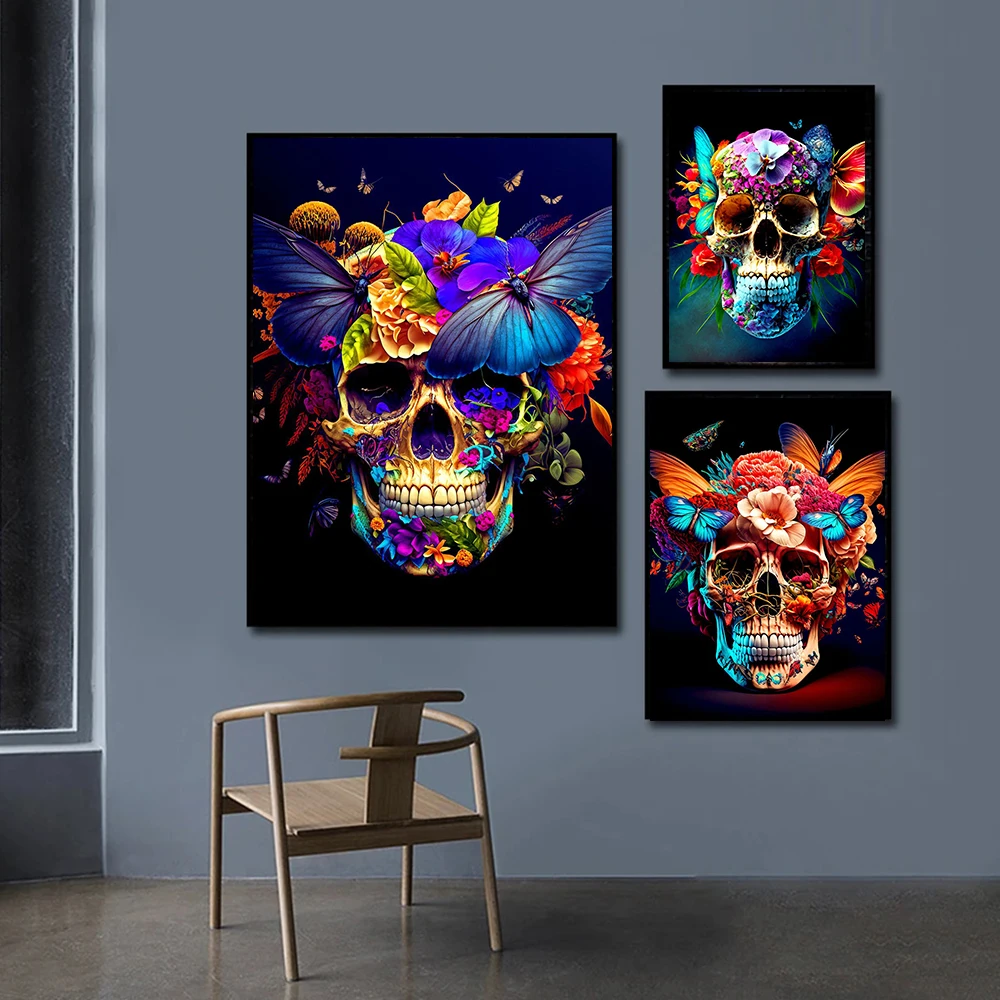 Colorful Flower Butterfly Skull Nordic Modern Pictures Wall Art Print Canvas Painting Posters for Living Room Home Decor