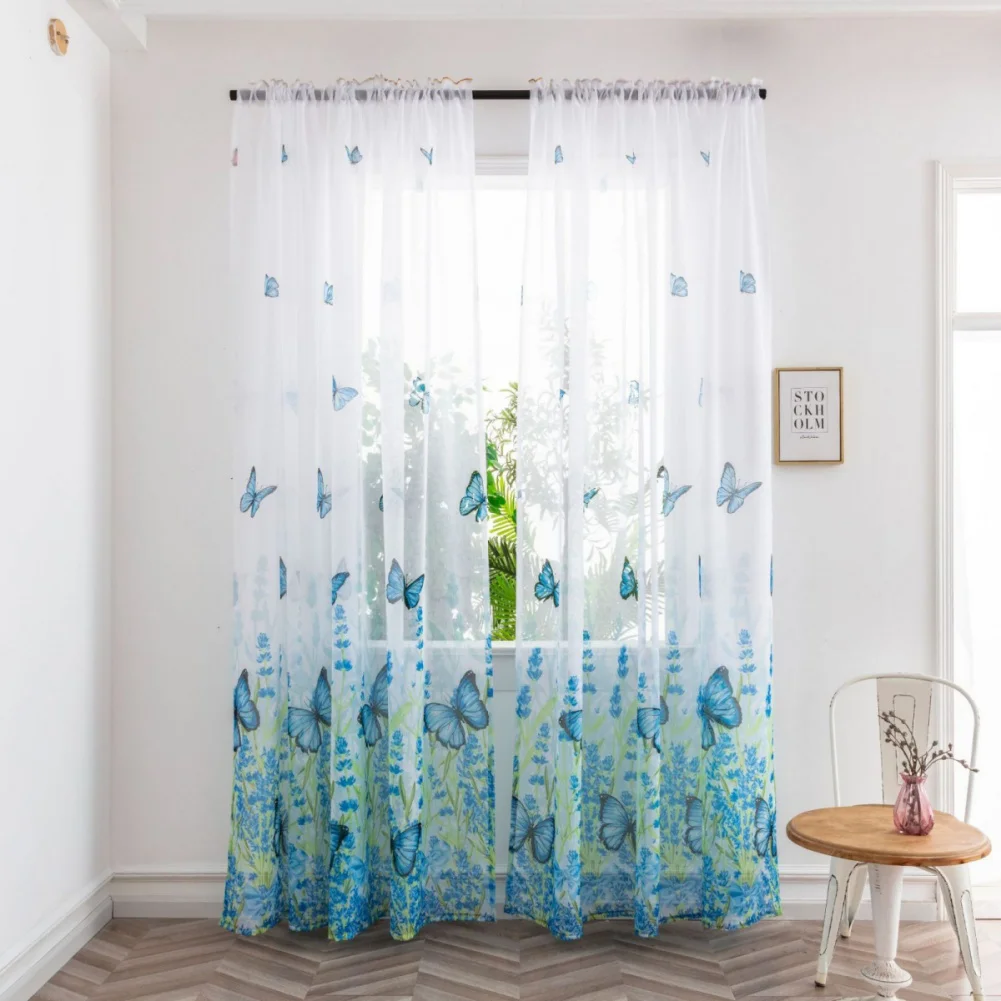 Butterfly Blackout Curtain Panels 1 Panels Modern Butterflies Digital Print Rod Pocket Blue Voile Tulle Window Treatment