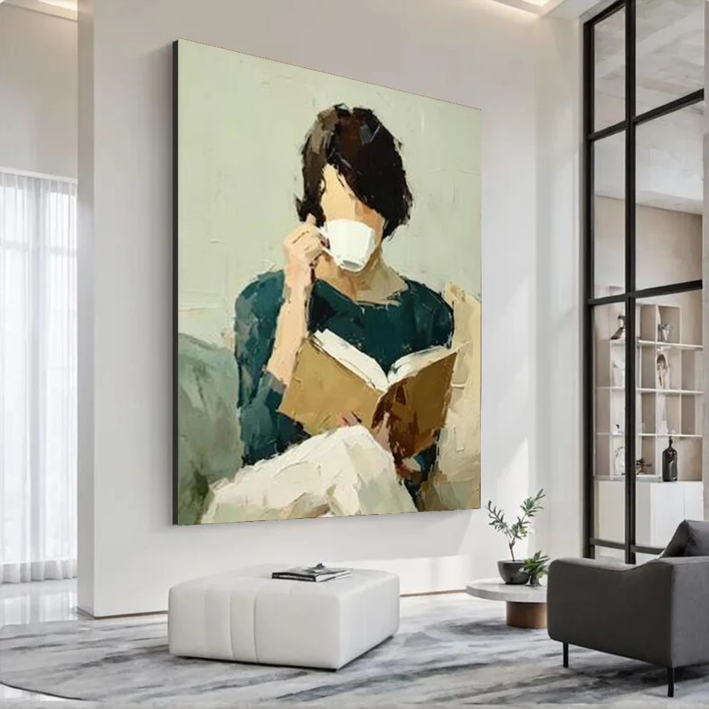 100% Handmade Abstract Figure Oil Painting on Canvas - 'A Girl Who Reads' Wall Art Picture Decor Home Living Room Mural Artwork