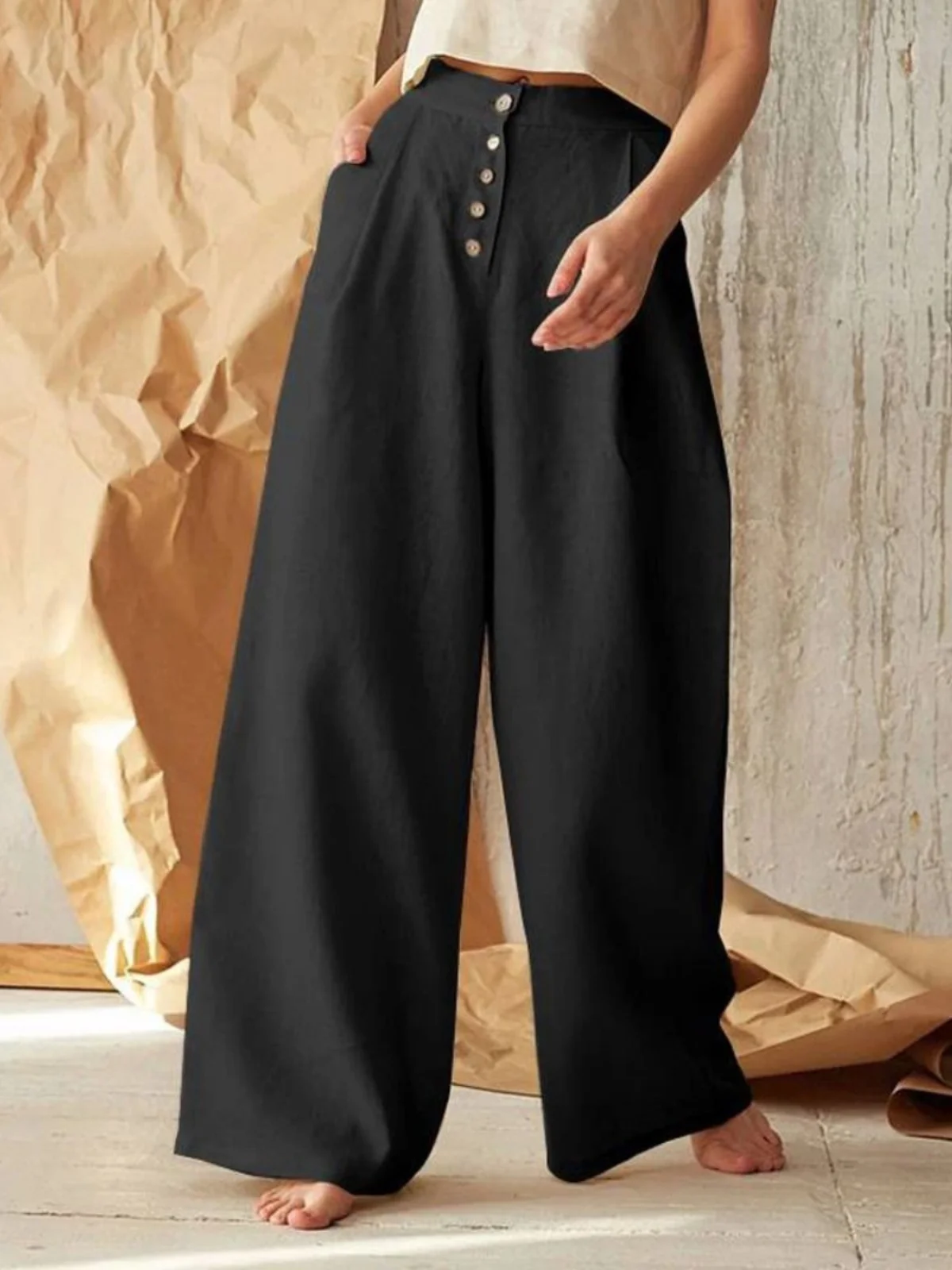 Women's  Color Button up Wide Leg Pants High Waist Casual Trousers Street Sle Summer Collection Other Material 00%