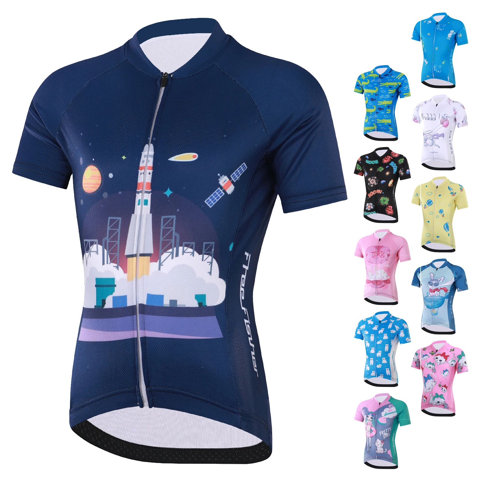 Summer Cycling Jersey Boys Girls Short Sleeve Breathable Cartoon Print Children Bicycle Wear Pro MTB Road Riding Bike Tops Shirt