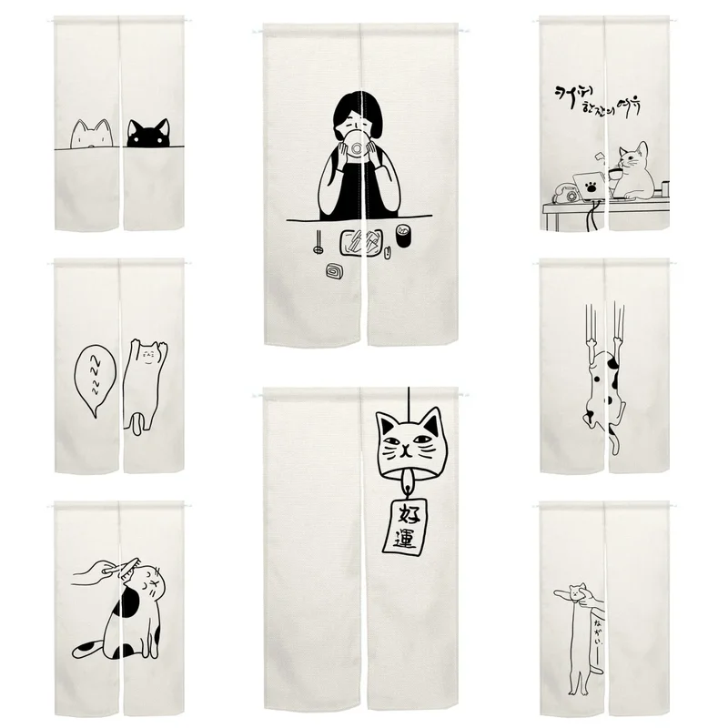 VIKAMA Cat Line Art Door Curtain, Kawaii Japanese Partition Curtain Hanging Screen for Entryway & Living Room Decor