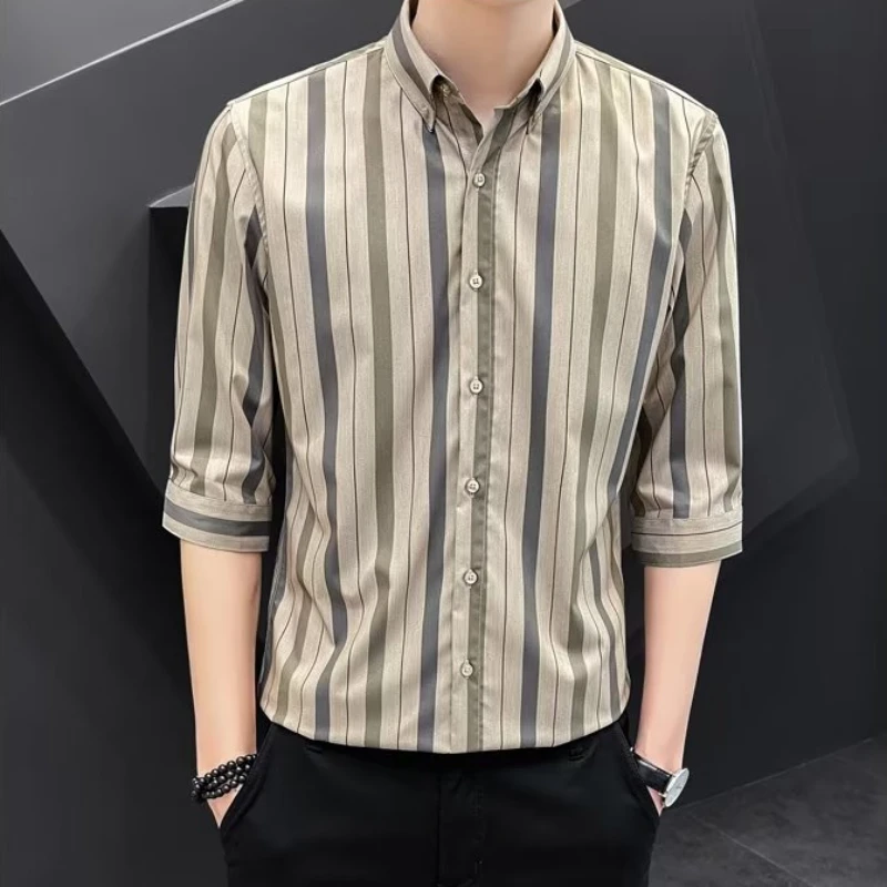 

M-3XL Striped Shirts Men Chic Simple Single Breasted Business Males Tops Thin Summer Korean Style Handsome Popular Clothing Cozy