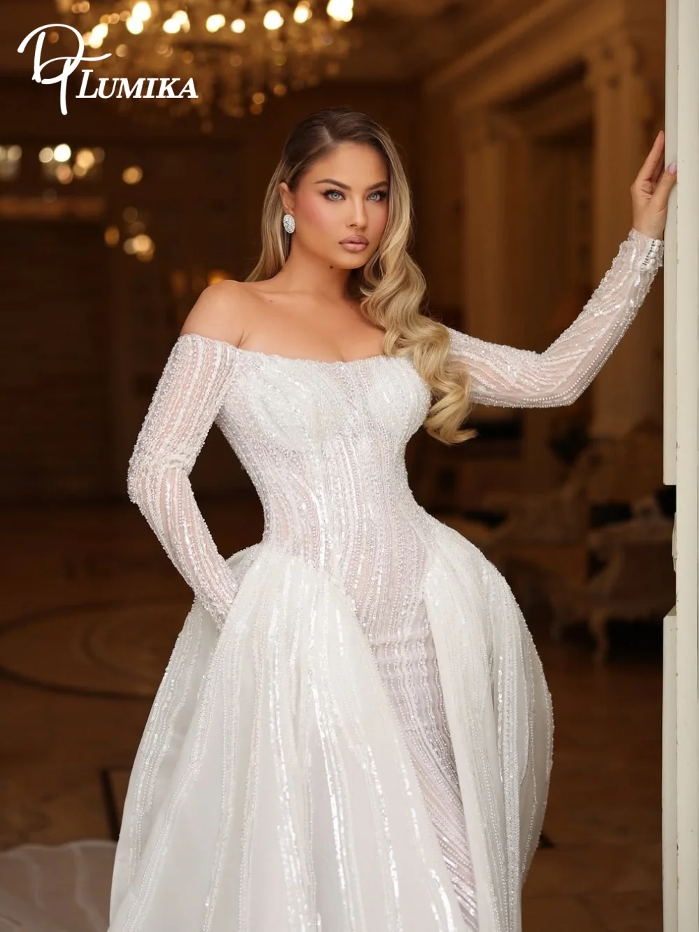 

Luxury Off The Shoulder Long Sleeve Beaded Mermaid Wedding Dress Bridal Gown For Bride Floor Length Customized Vestido De Novia