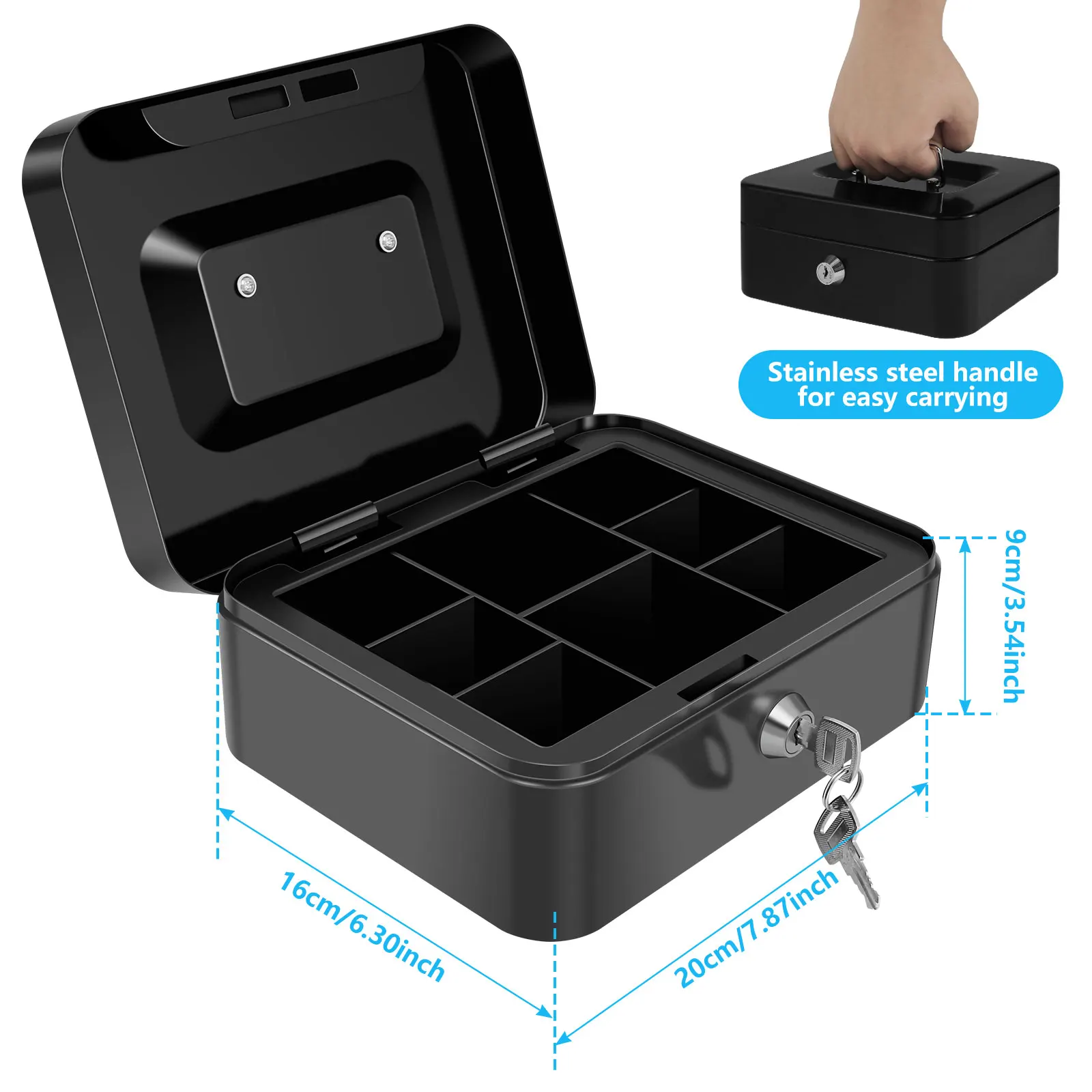 Tirelire portable en métal avec serrure, caisse de rangement, 8 compartiments, 7.8 × 6.2 × 3.5, amaran