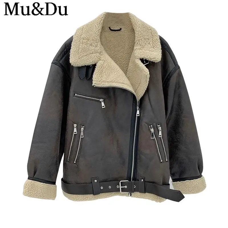 Mu&Du 2023 Autumn Winter Women Faux Leather Lambswool Jacket Lady Zip Coat Retro Loose Female Oversized Thick Warm Outwear Mujer