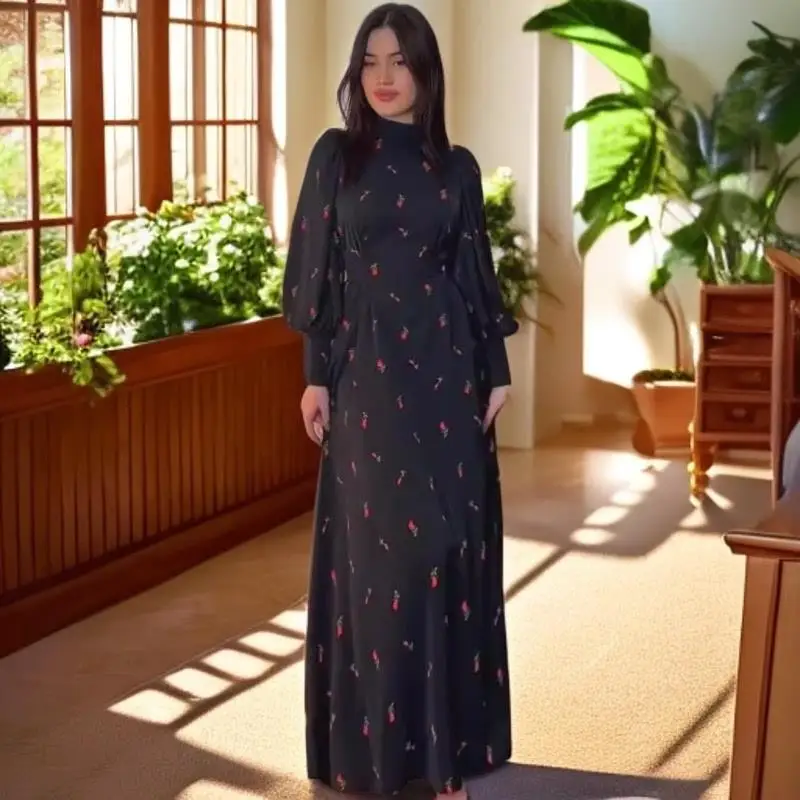 

Spring Cherry Print Long Sleeve Gown Elegant Silk Satin Dress with Belt Loose Fit Midi Dress Intellectual Style Women's Dress
