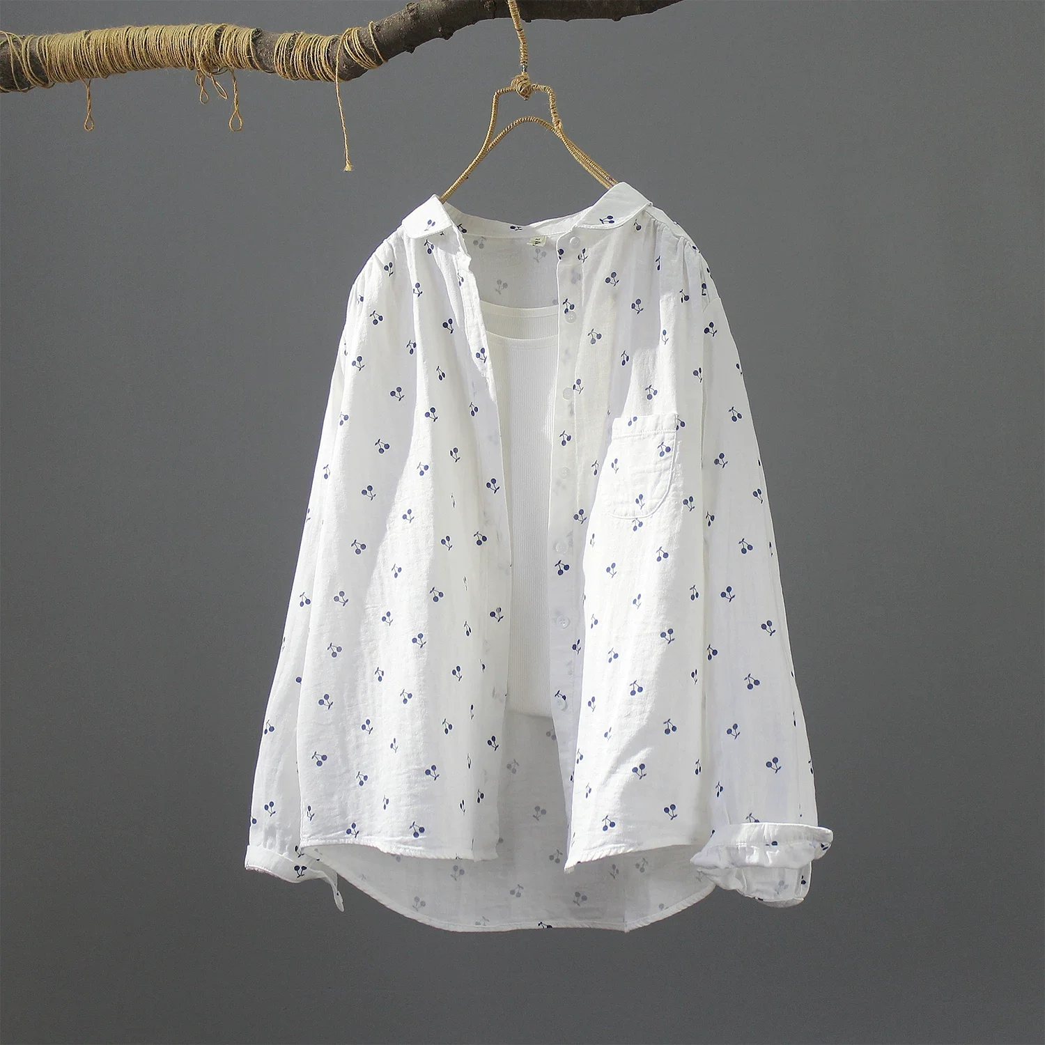 

2026 Middled aged women clothing 100% cotton yarn cherry print shirts long sleeve blouses for women spring vintage clothes