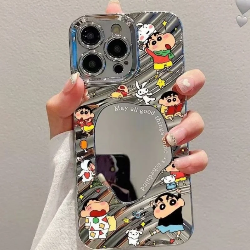 

Crayon Shin-chan Mirror Phone Case for iPhone 11 12 13 14 15 16 Pro Max PLUS Nohara Shinnosuke Put on Makeup Shinchan Cover