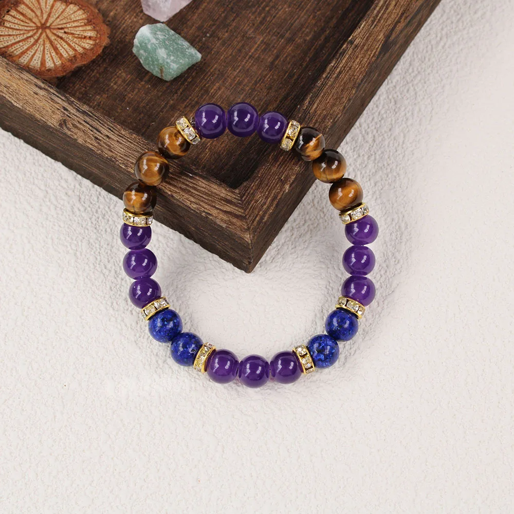 جذب الثروة الطاقة الأرجواني سوار للنساء الطبيعية عين النمر اللازورد حجر الإسورة الرجال عادية حجر الراين الخرز والمجوهرات