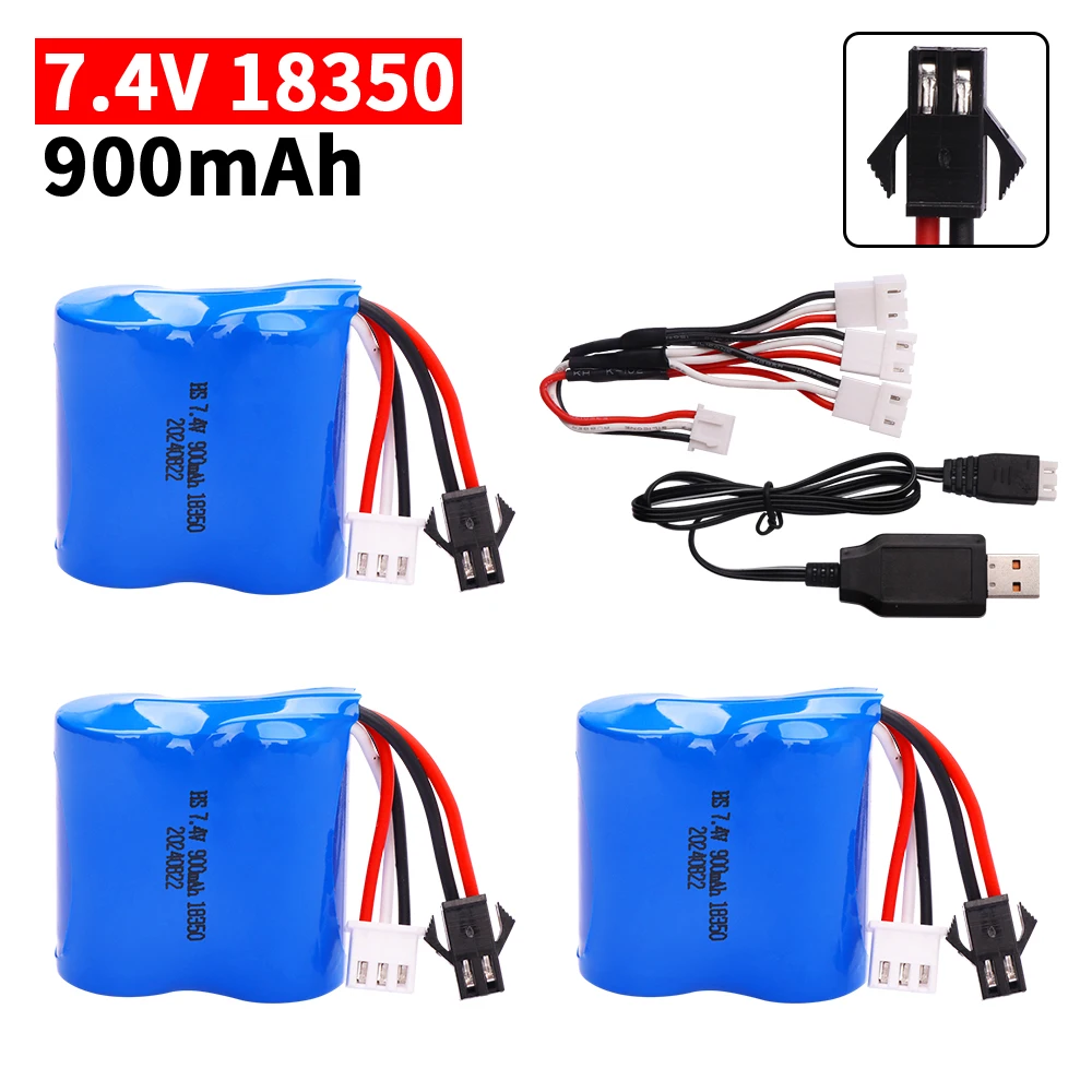 7,4 V 600 mAh 18350 Li-Ionen-Akku und USB-Ladegerät für H100 H102 S1 S2 S3 S4 S5 Hochgeschwindigkeits-RC-Rennboot-Akku SM2P-Stecker-Akku