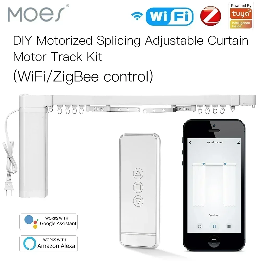 MOES WiFi/ZigBee Electric Curtain Motor Tuya Smart Customized Motorized Splicing Curtain Track with RF Remote Alexa Google Voice